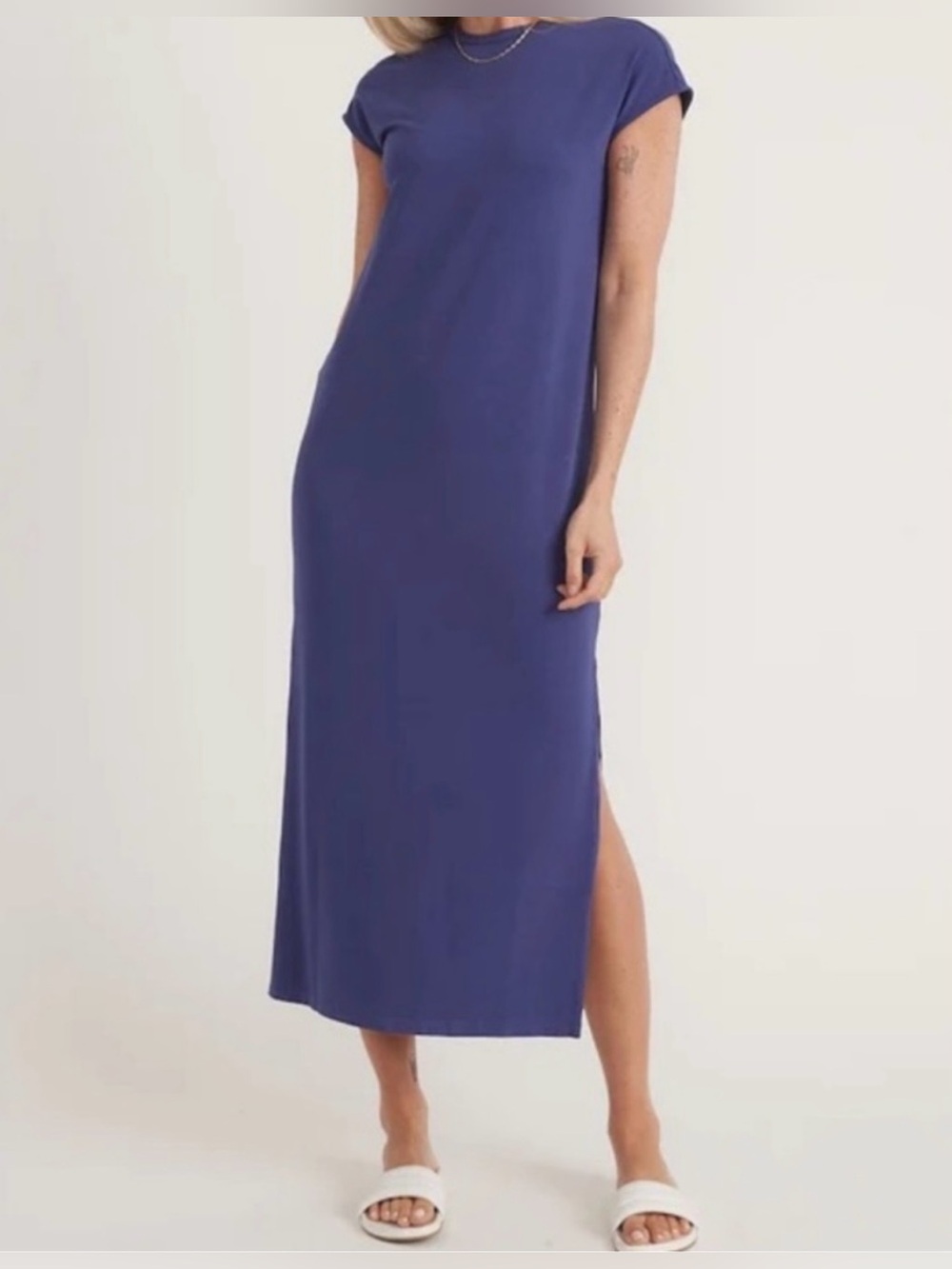 Marine Layer Indigo Crewneck Maxi Dress with Side Slit size Large